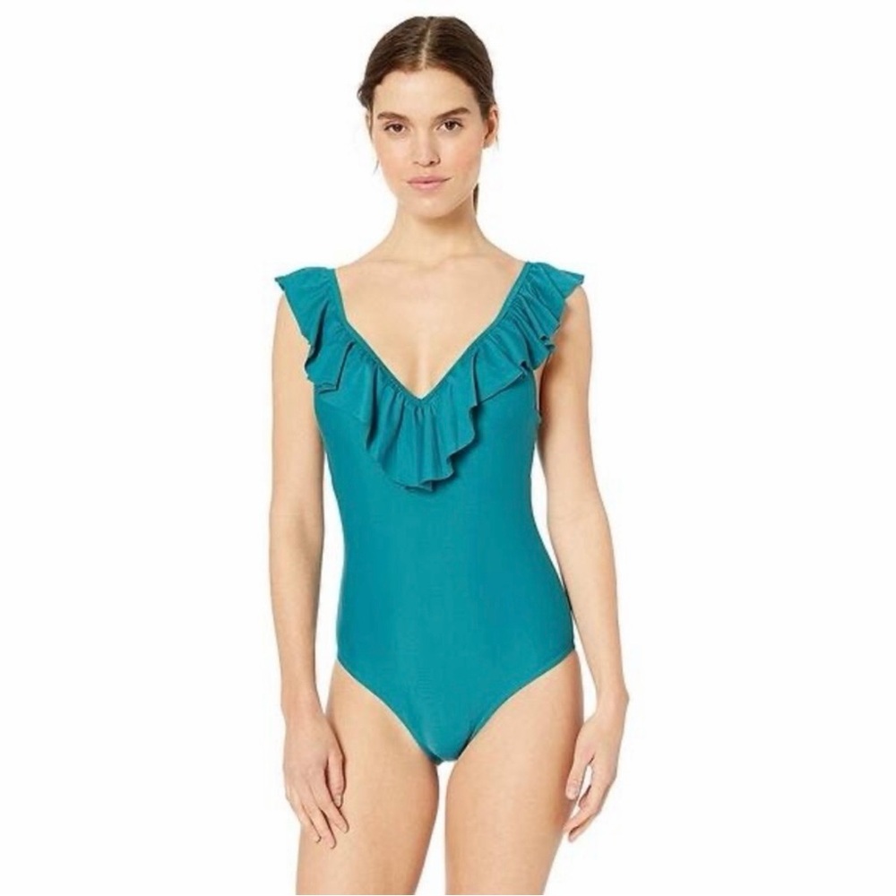 Jessica Simpson Ruffle One Piece Swimsuit Teal V-Neck Bathing Suit XL Beach